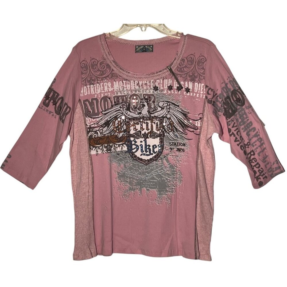 Vanilla Sugar Top 1X Pink Motorcycle  Sequin Ribbed 3/4 Sleeve Y2K Chic USA - Picture 2 of 16
